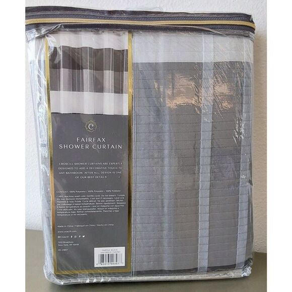 CROSCILL Black Grey White Striped Polyester Fairfax Shower Curtain 72 x 72 In - Picture 7 of 9